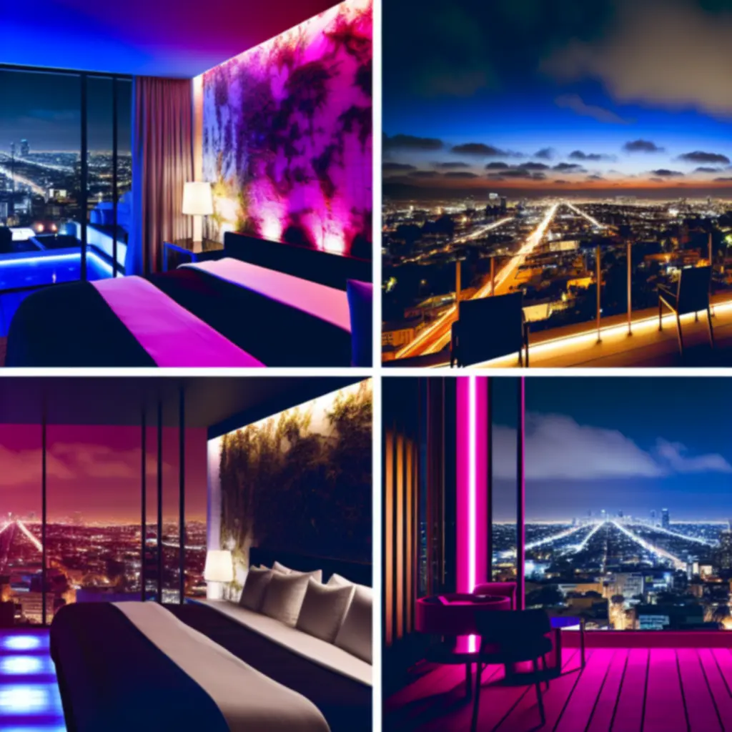 Stijlvolle hotelnacht met neonaccenten en uitzicht op het dakterras
