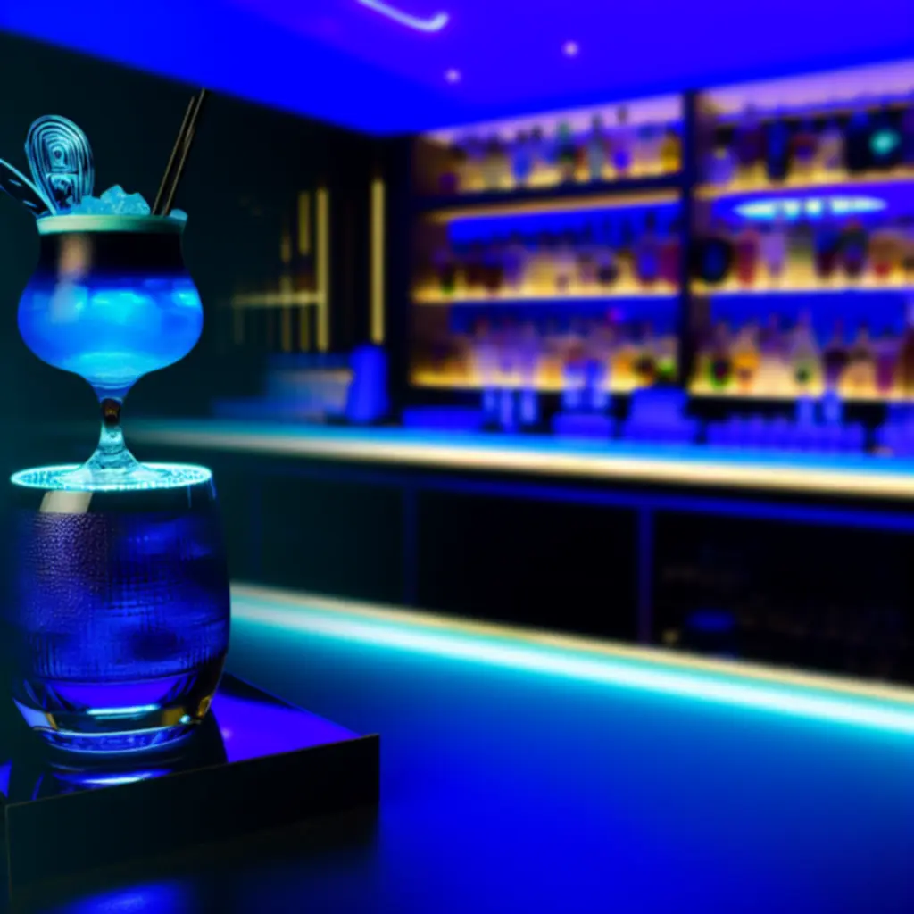 Signature cocktail met neonblauwe gloed op de bar