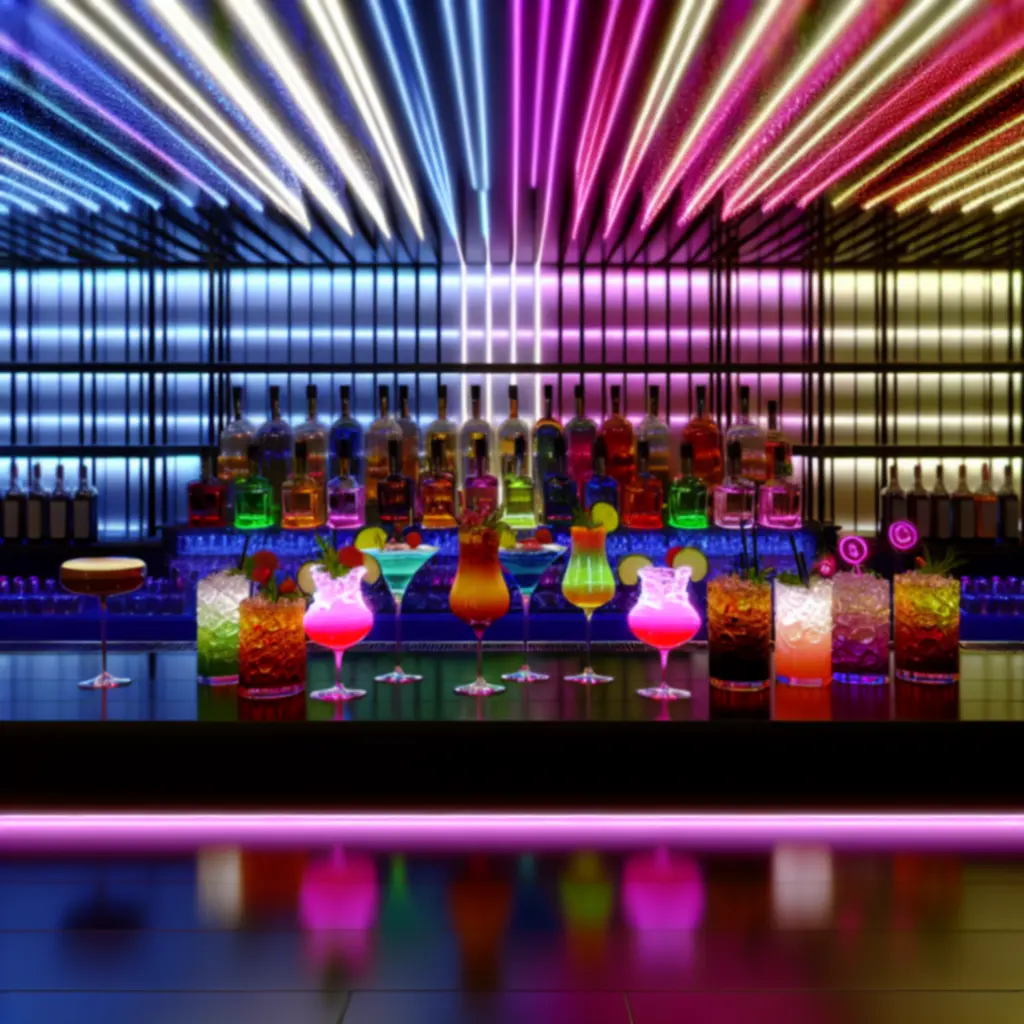 Kleurrijke signature cocktails aan een neonverlichte bar