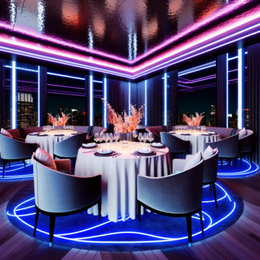 Sfeervol verlichte fine dining zaal met neonaccenten