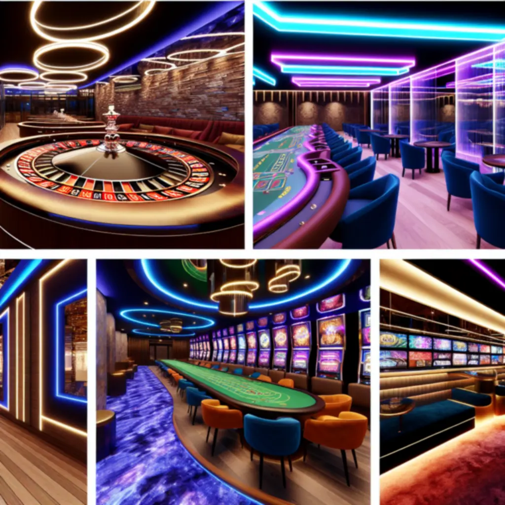 Neonverlichte gaming floor met thematische zones en spelers in actie
