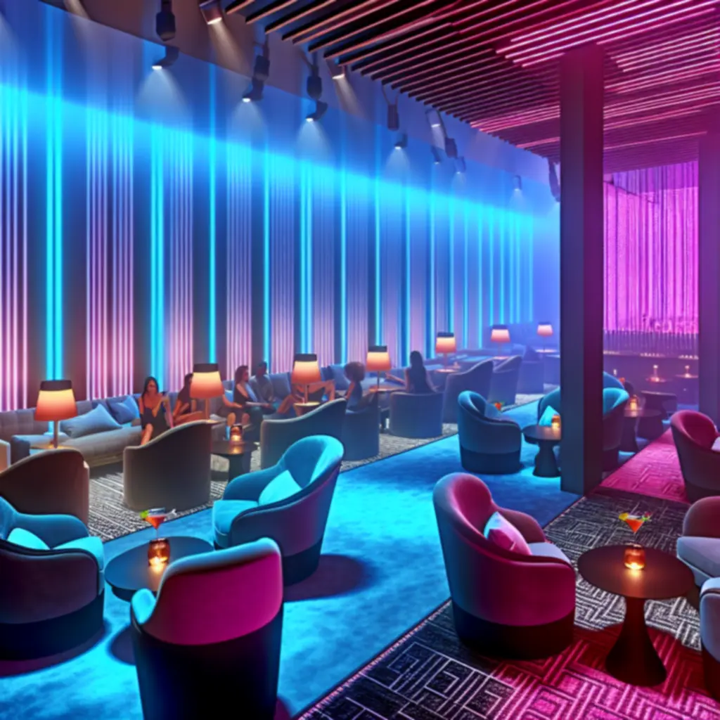 Stijlvolle lounge met neonaccenten, pluche zitplekken en sfeervolle verlichting