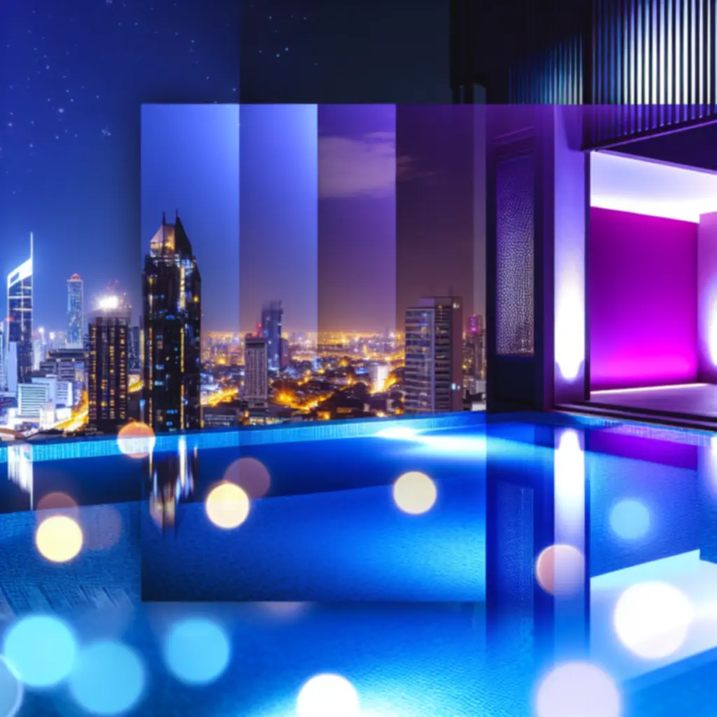 Neonverlichte rooftop pool, skyline en luxe sfeer bij nacht