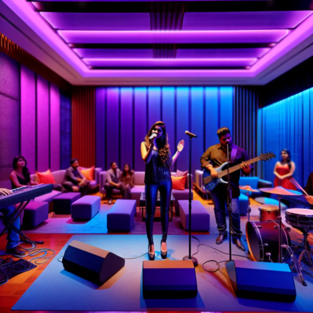 Live band speelt in de lounge onder neonverlichting