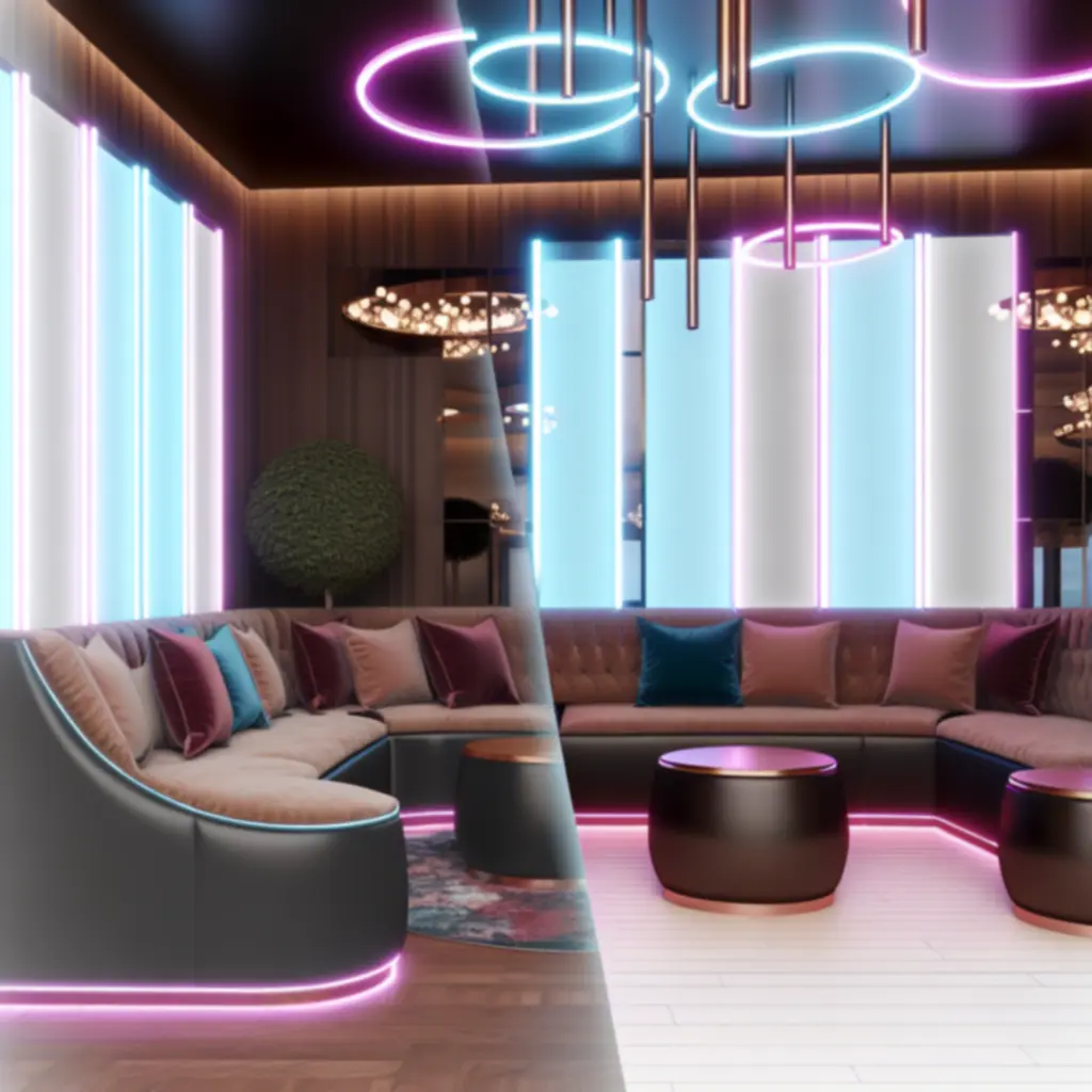 VIP loungehoek met moderne decoratie en pluche zithoeken