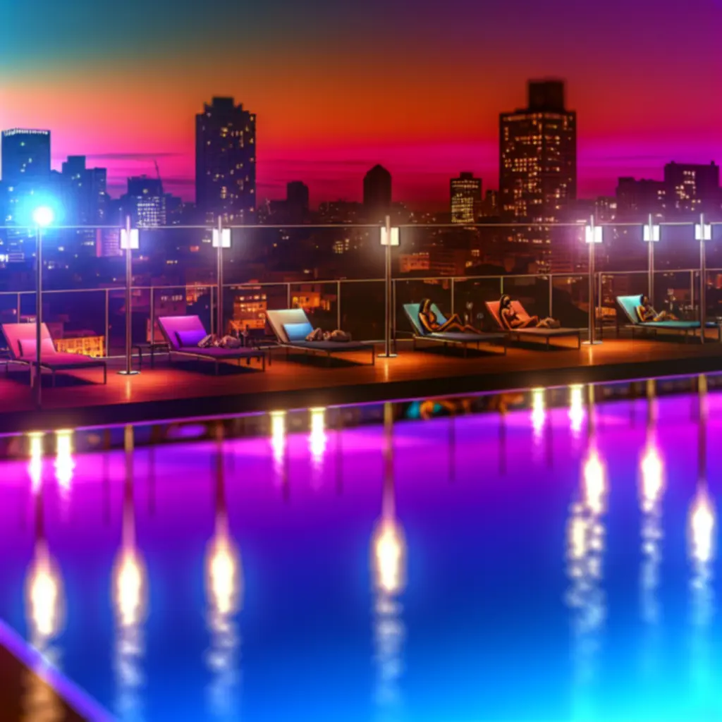 Rooftop zwembad bij zonsondergang met neonaccenten