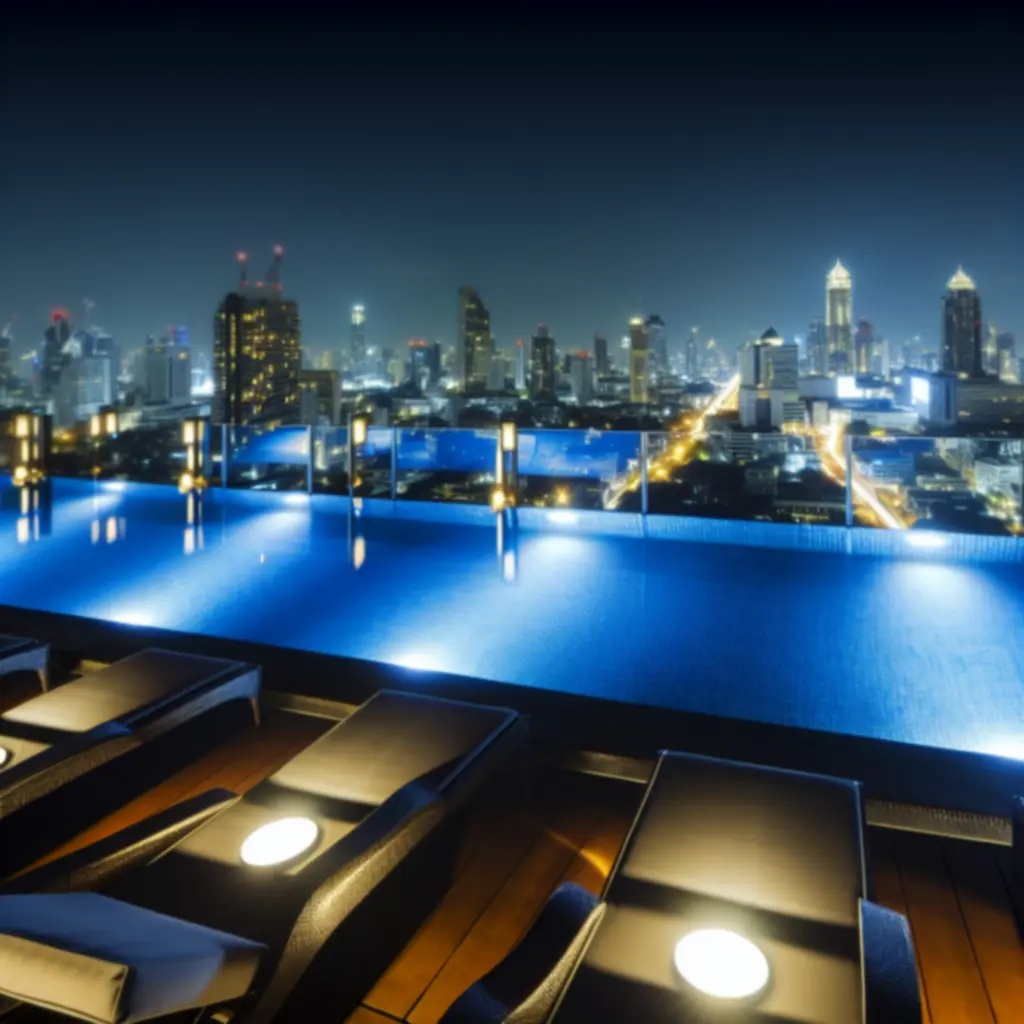 Rooftop pool met uitzicht en ambient lighting