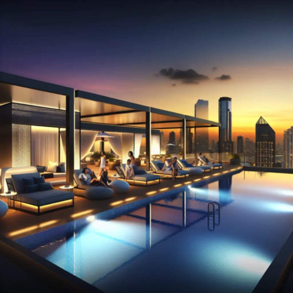 Exclusieve rooftop pool met skyline en loungestoelen bij zonsondergang
