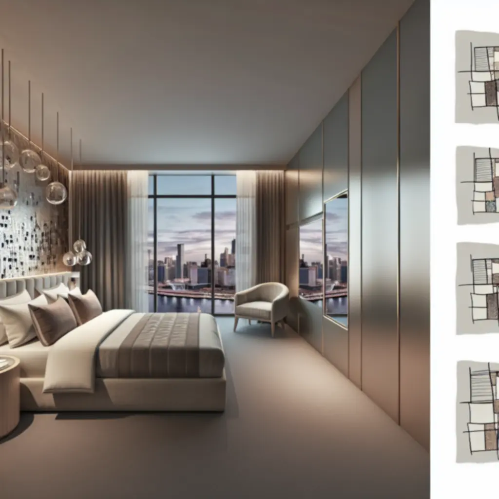 Luxe hotelkamer met modern design en stadszicht
