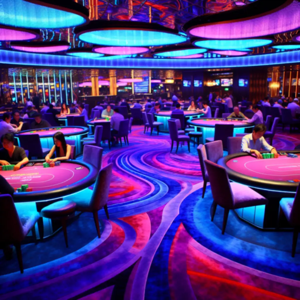 Sfeervolle casinovloer met toernooitafels en neonaccenten