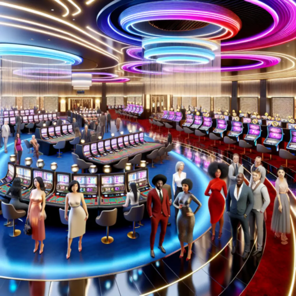 Overzicht van de gaming vloer met neonaccenten